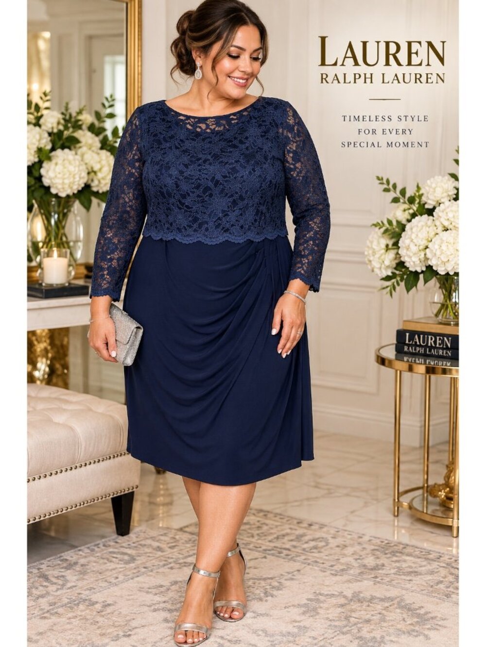 Lauren Ralph Lauren Dress 16W Navy Blue Lace Draped Cocktail NWT MSRP $190